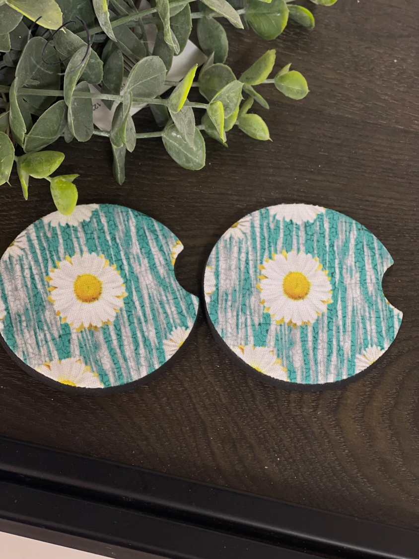 Teal Crackle Daisies Car Coaster Set featuring vibrant floral design on durable neoprene material.