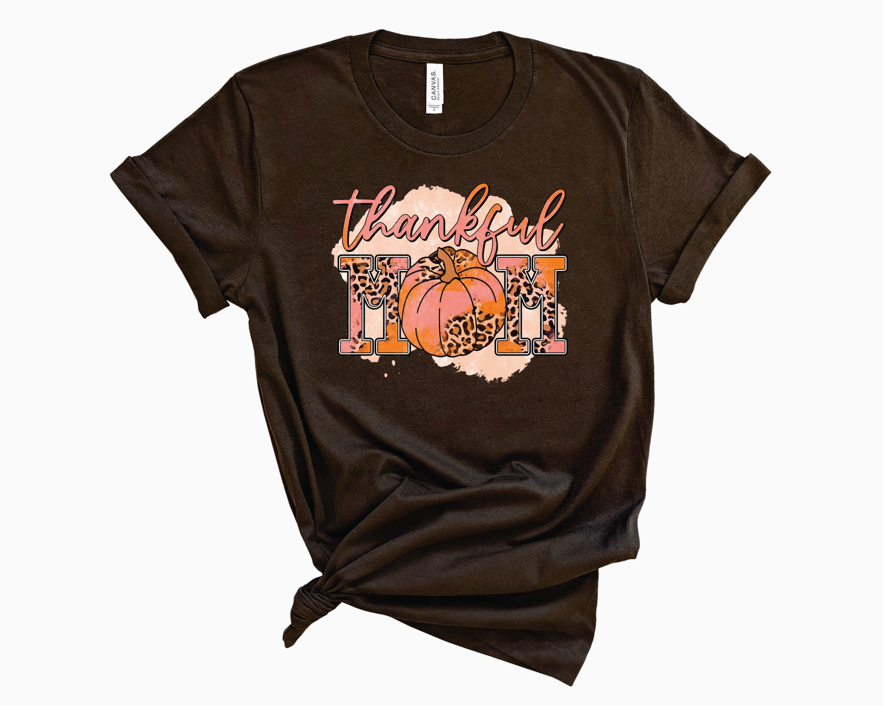 Thankful Mom Leopard Grunge Graphic Tee featuring a stylish leopard print design on a soft unisex t-shirt.