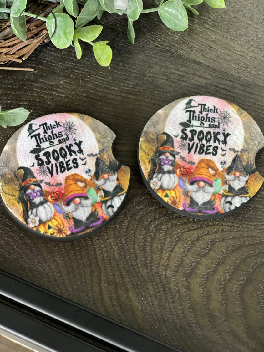 Thick Thighs & Spooky Vibes neoprene car coaster set featuring a vibrant design, perfect for car cup holders.