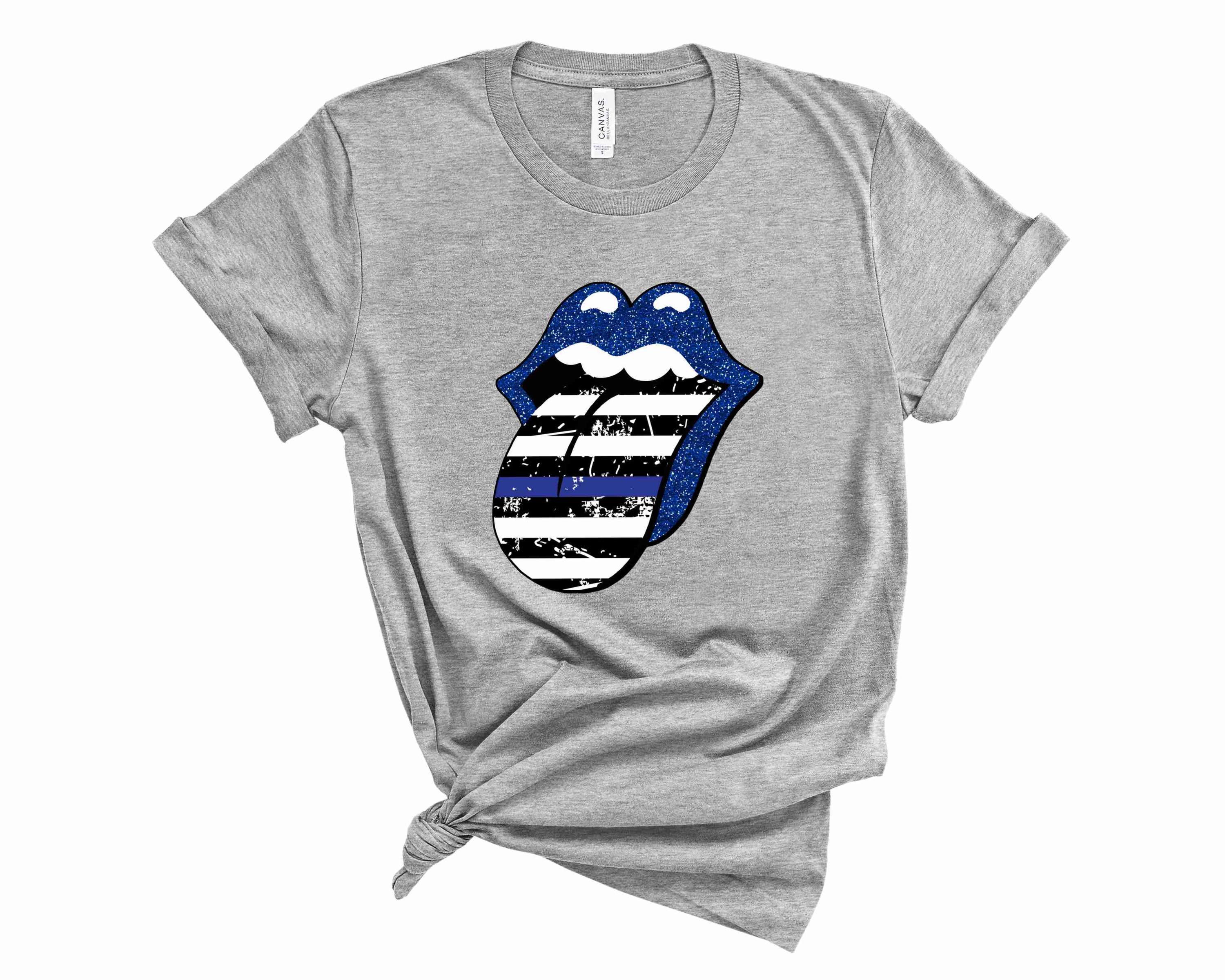 A stylish unisex graphic tee featuring a thin blue glitter line design, perfect for casual wear.