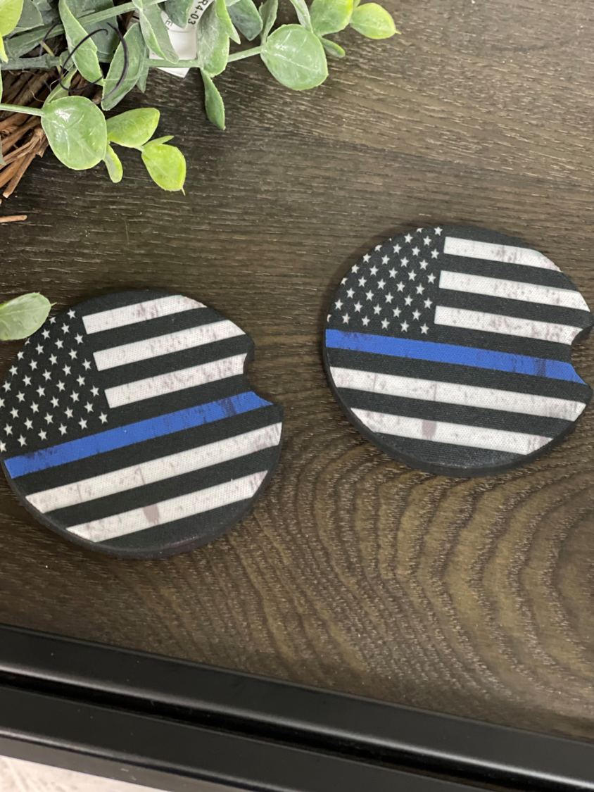 Thin Blue Line Neoprene Car Coaster Set featuring a vibrant design, perfect for car cup holders.