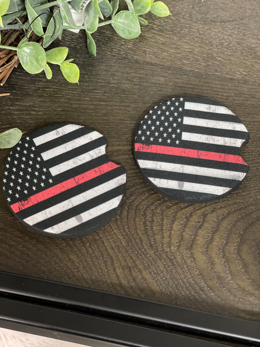 Thin Red Line Neoprene Car Coaster Set featuring a stylish design, perfect for car cup holders.