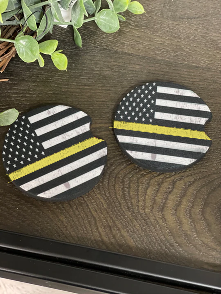 Thin Yellow Line car coaster set made of durable neoprene, featuring a vibrant yellow line design.