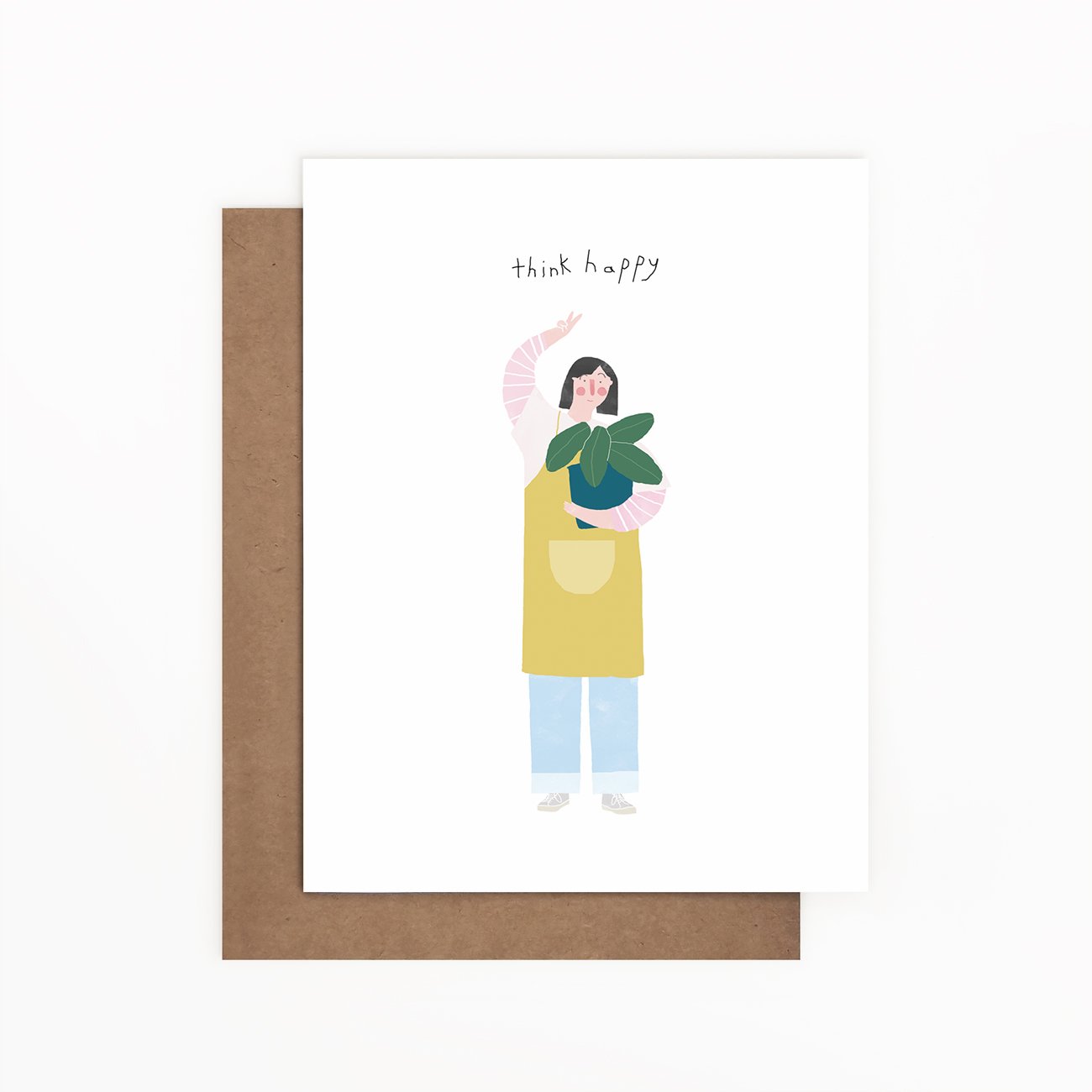 Think Happy card featuring a charming design, printed on recycled paper, with a Kraft envelope.
