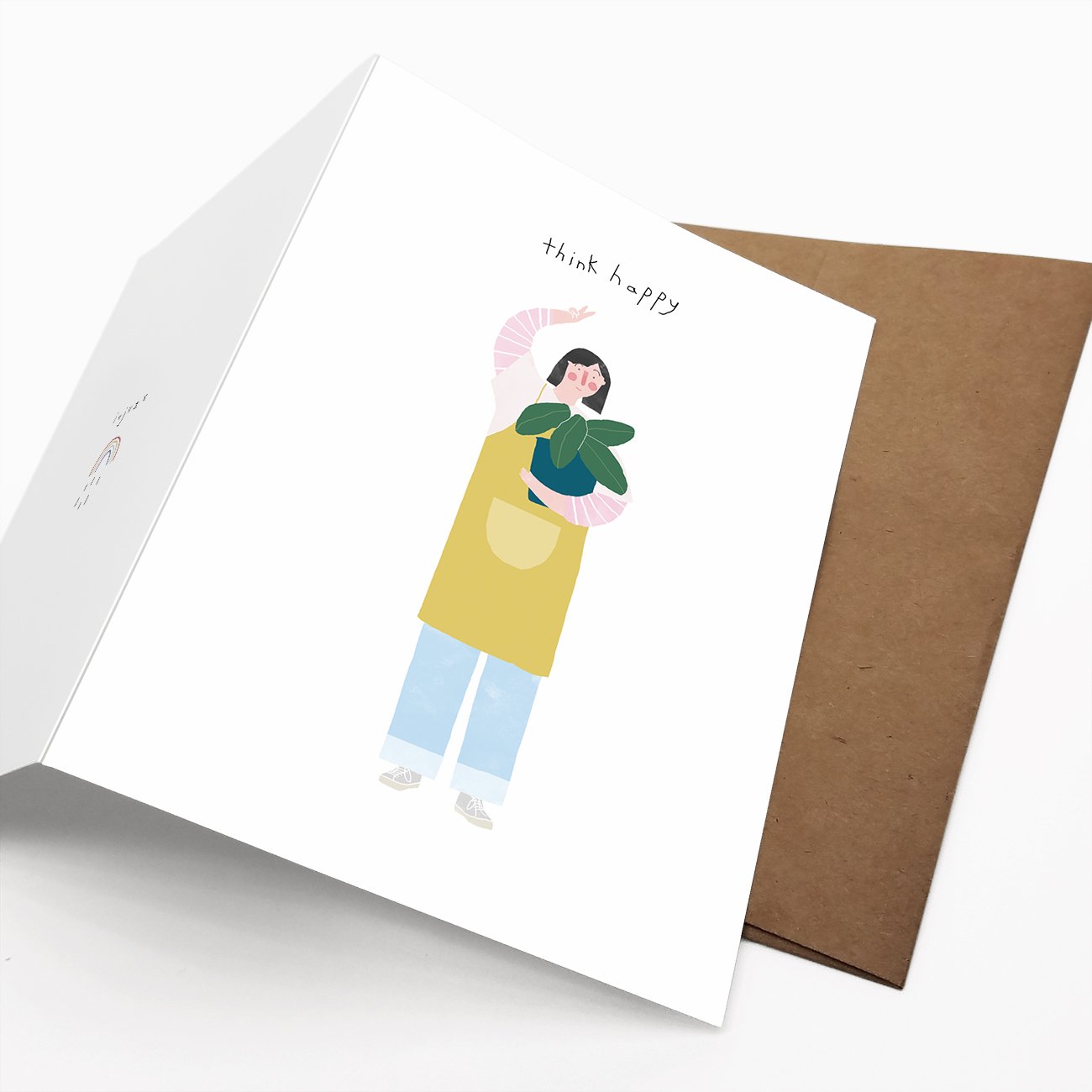 Think Happy card featuring a charming design, printed on recycled paper, with a Kraft envelope.