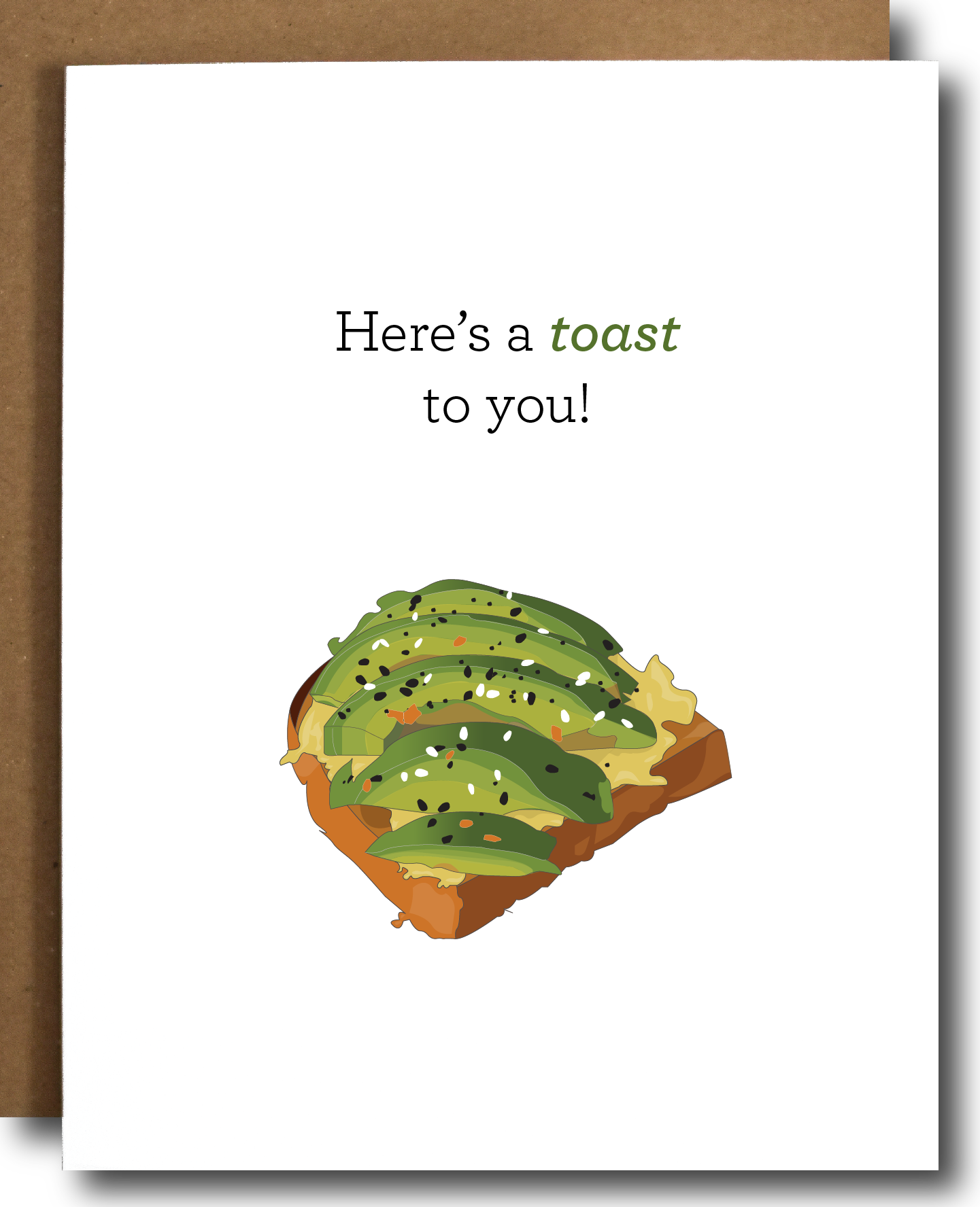A Toast To You Celebration Card featuring an avocado toast illustration, packaged with a brown Kraft envelope and in a plastic sleeve.
