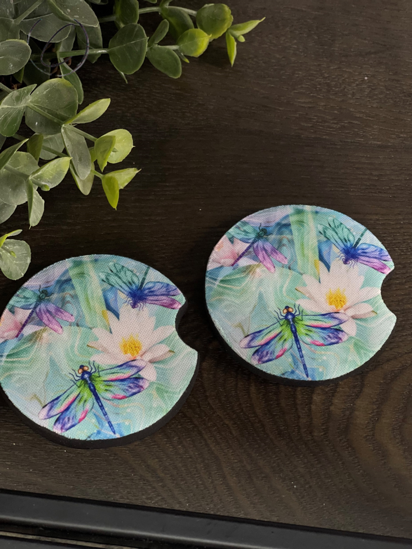 Translucent Dragonflies Car Coaster Set featuring a vibrant dragonfly design on durable neoprene material, perfect for car interiors.