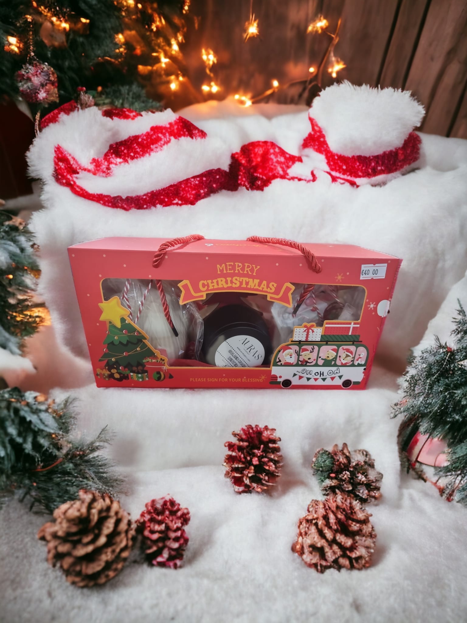 Treasure Christmas Medium Box filled with scented candles, bath salts, artisanal soaps, and decorative items for holiday celebrations.