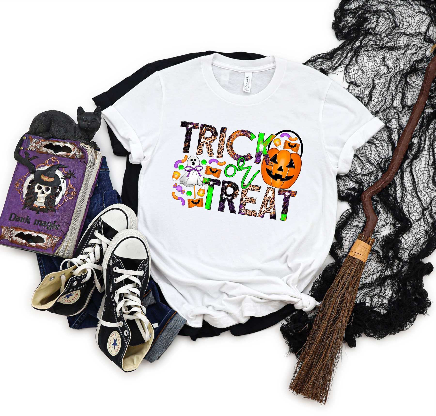 Trick or Treat Candy Grunge Graphic Tee featuring a vibrant Halloween design on a soft unisex t-shirt.