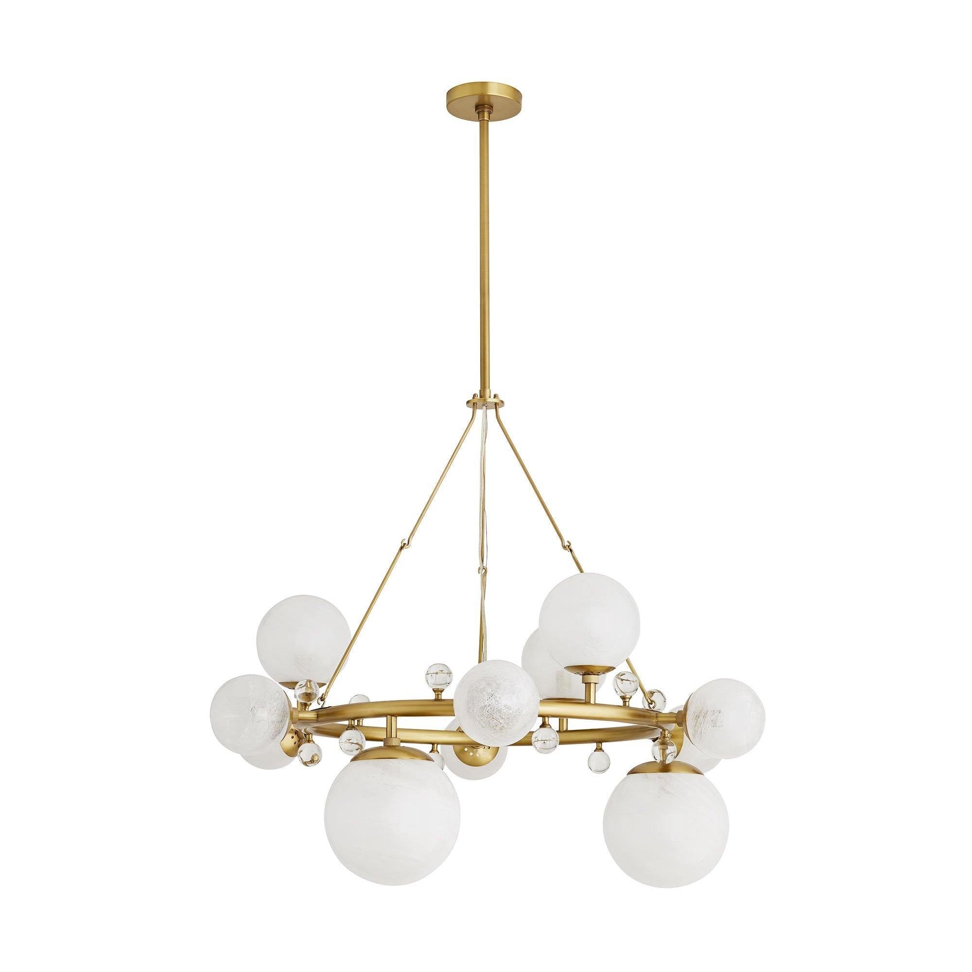 Troon Round Chandelier featuring opal swirl glass globes and antique brass finish, elegantly designed for modern spaces.
