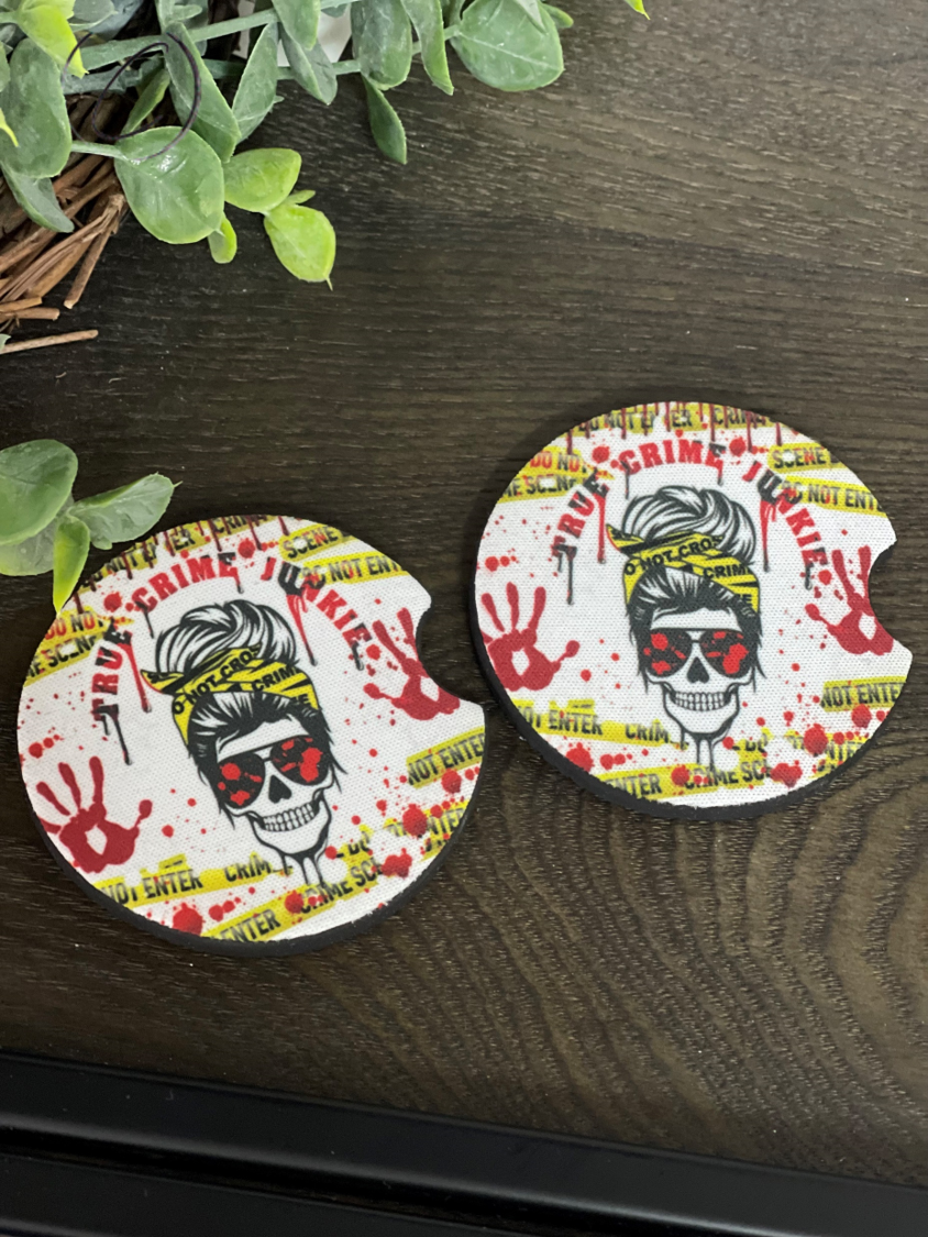 True Crime Junkie Messy Bun neoprene car coasters featuring a stylish messy bun design, perfect for true crime enthusiasts.