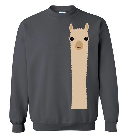A cozy Gildan sweatshirt featuring a playful alpaca design, perfect for casual wear and showcasing your love for alpacas.