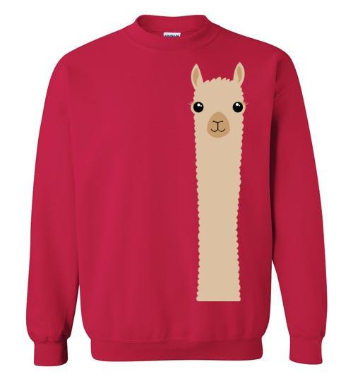 A cozy Gildan sweatshirt featuring a playful alpaca design, perfect for casual wear and showcasing your love for alpacas.