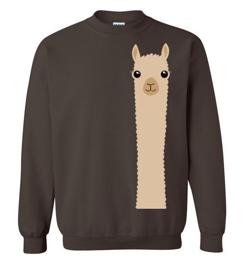 A cozy Gildan sweatshirt featuring a playful alpaca design, perfect for casual wear and showcasing your love for alpacas.
