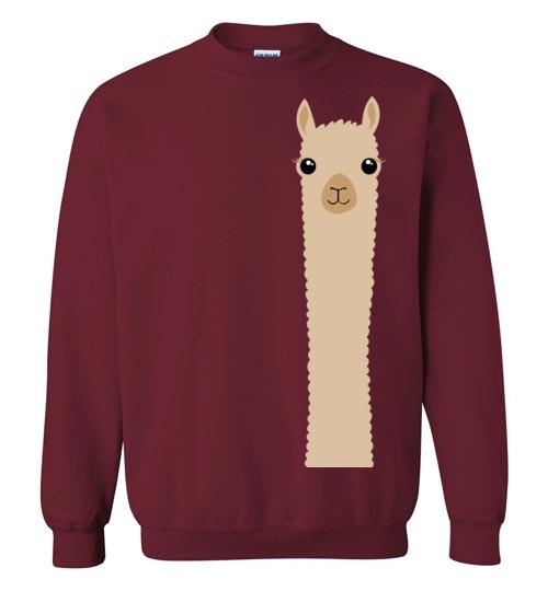 A cozy Gildan sweatshirt featuring a playful alpaca design, perfect for casual wear and showcasing your love for alpacas.