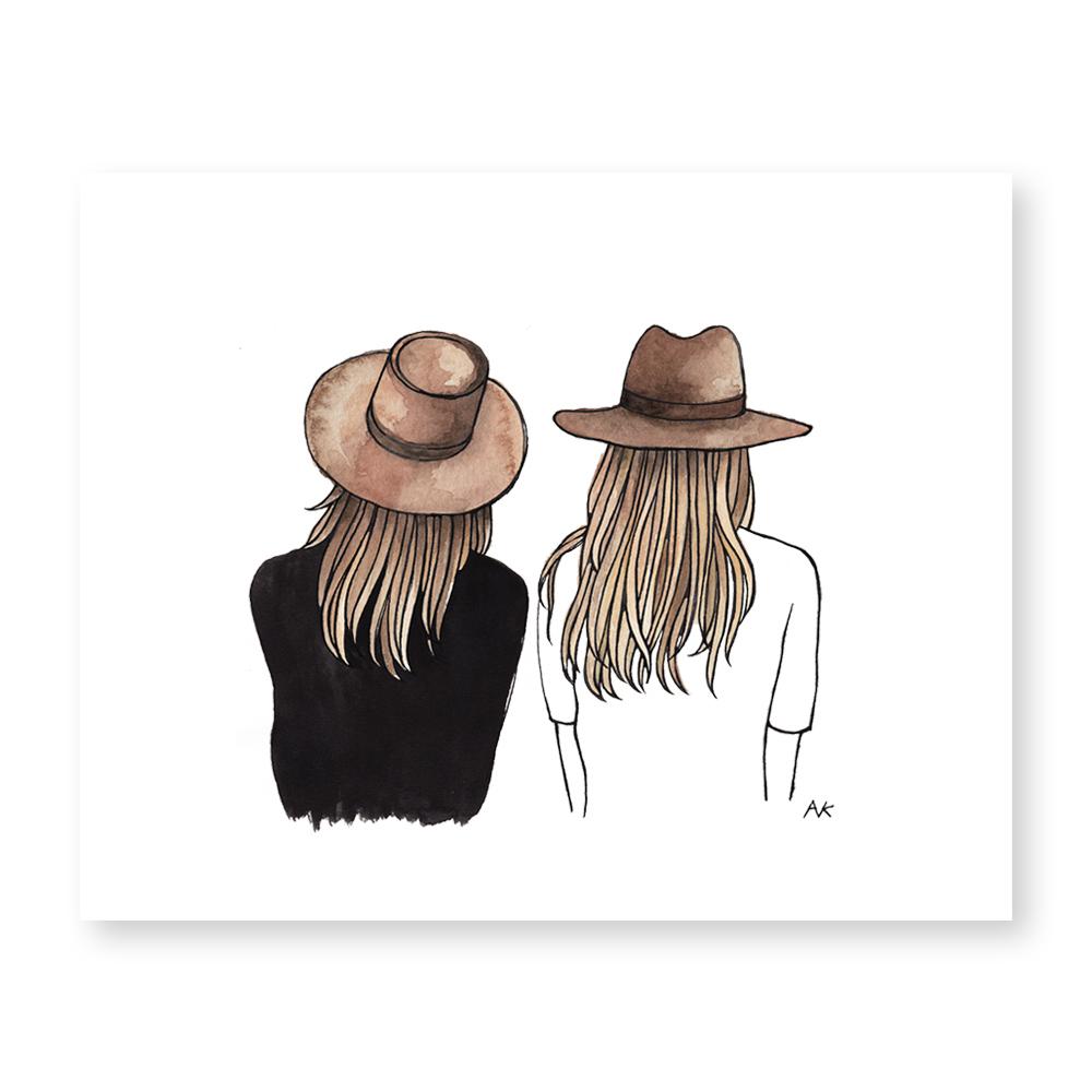 Two Hat Girls Best Friend Art Print featuring two girls wearing hats, symbolizing friendship.