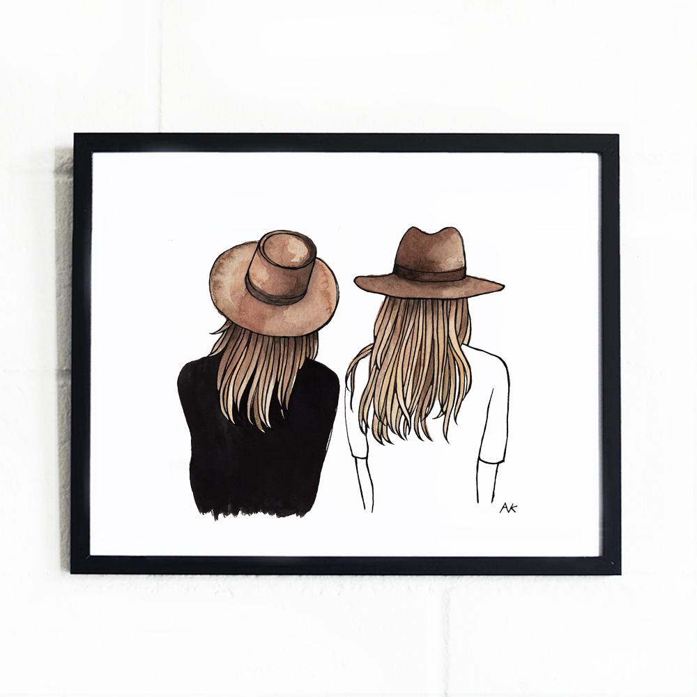 Two Hat Girls Best Friend Art Print featuring two girls wearing hats, symbolizing friendship.
