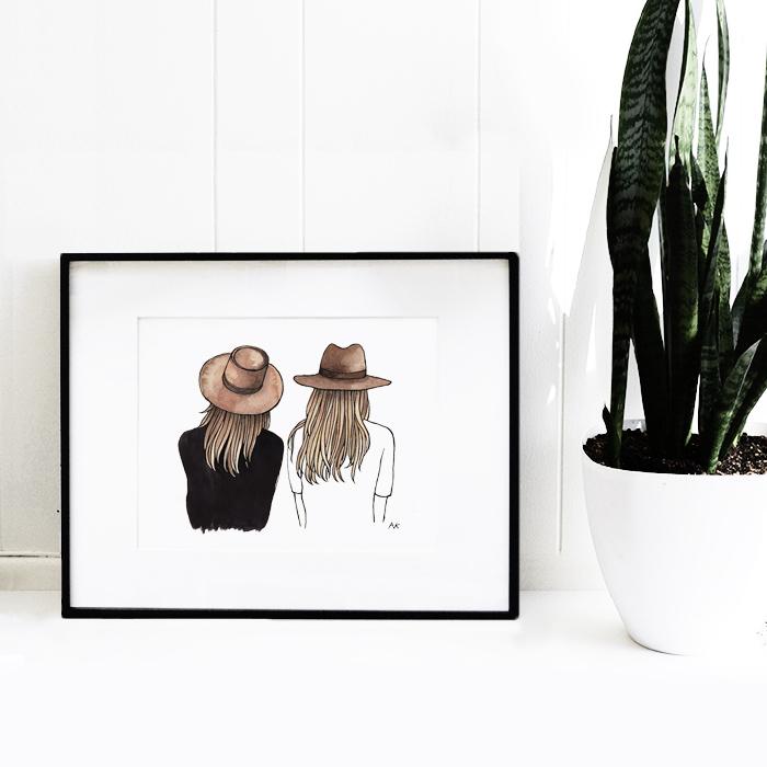 Two Hat Girls Best Friend Art Print featuring two girls wearing hats, symbolizing friendship.