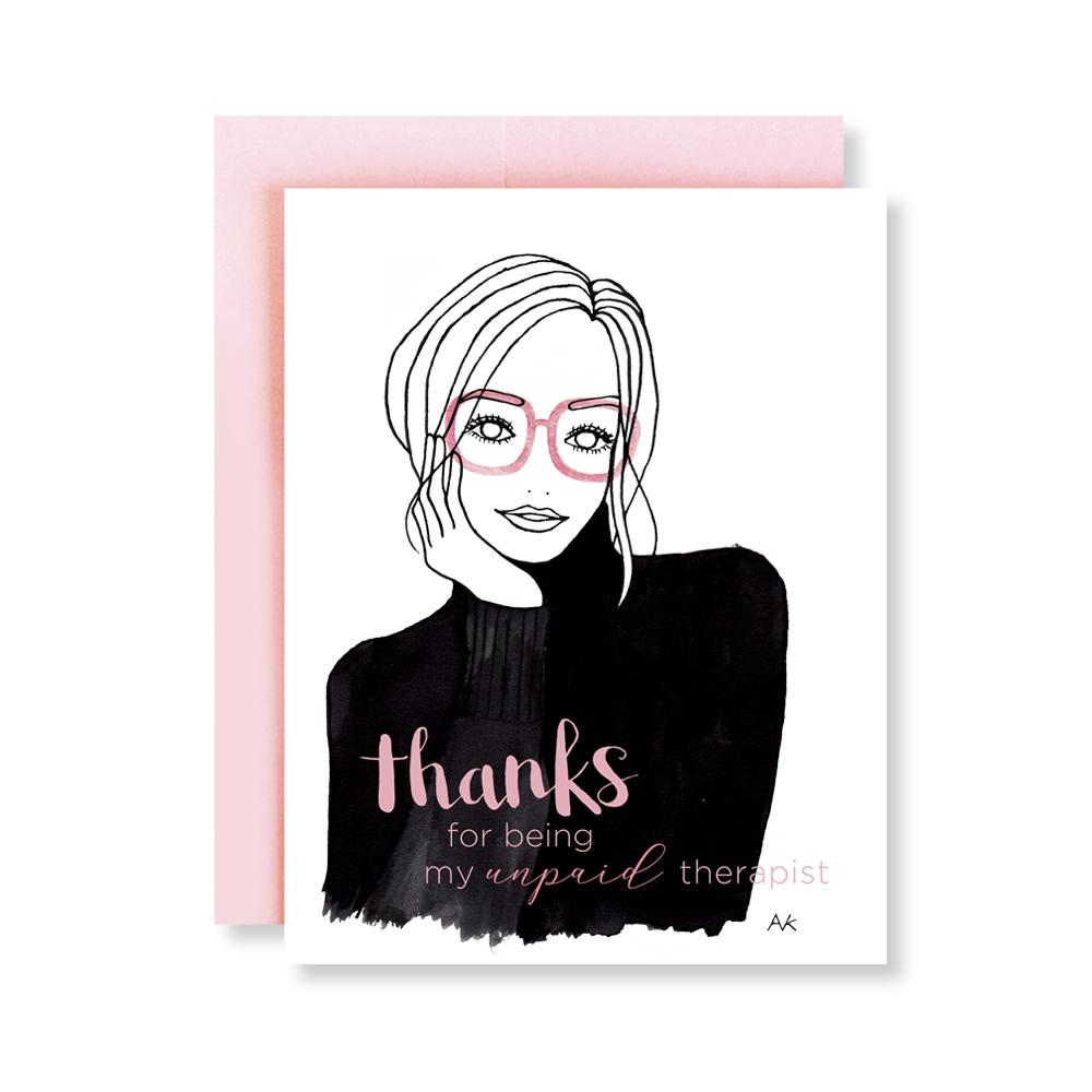 A2 size thank you card featuring a cute girl illustration, printed on white paper with a pink metallic envelope.