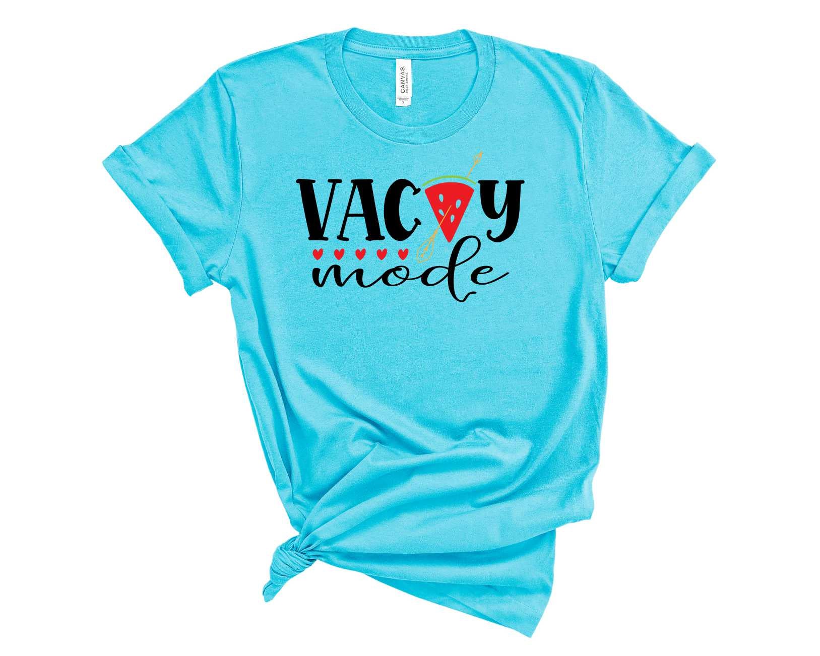 A stylish unisex graphic tee featuring the text 'Vacay Mode' in vibrant colors, perfect for casual wear.