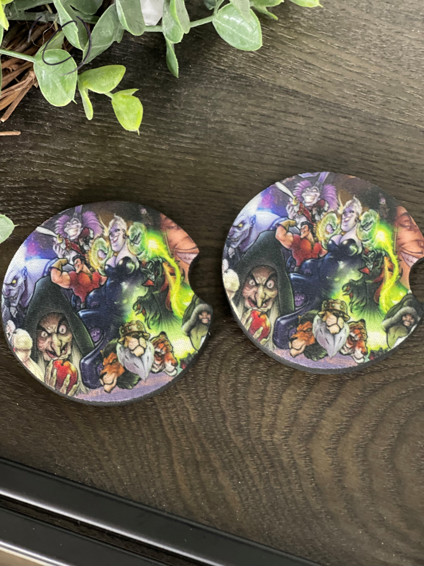 Villains Neoprene Car Coaster Set featuring unique villain designs, perfect for car cup holders.