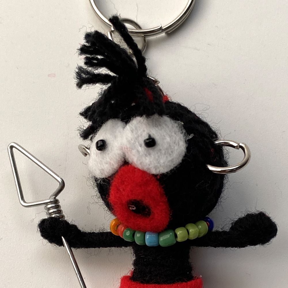 A colorful Voodoo String Doll Keychain, 7cm in size, showcasing unique handmade craftsmanship and playful design.
