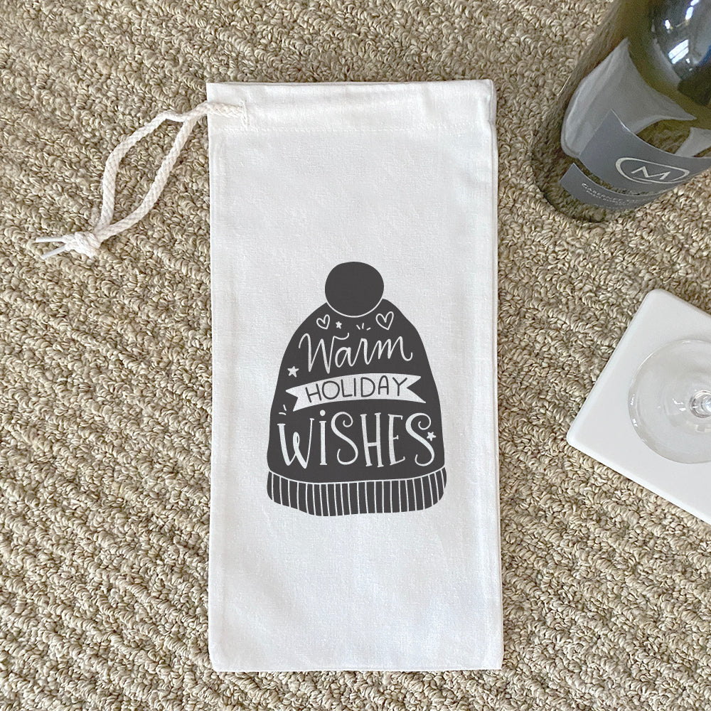 Warm Holiday Wishes canvas wine bag with drawstring closure, designed for 750mL bottles, featuring a festive holiday design.