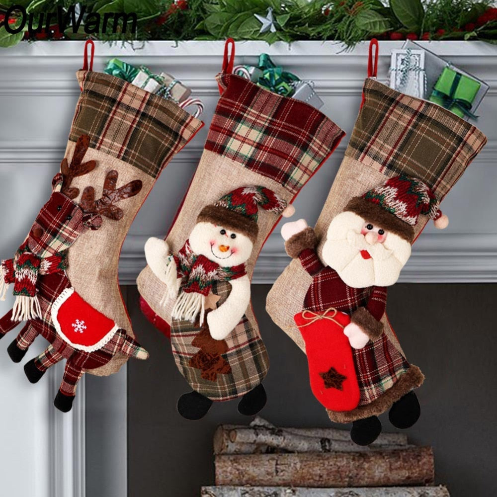 Warm Large Christmas Stocking featuring Santa Claus design with plaid burlap pattern, perfect for holiday decorations and gift holding.