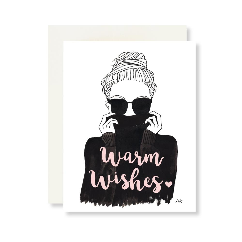 A stylish holiday card featuring a fashion illustration, with a quartz metallic envelope, perfect for sending warm wishes.