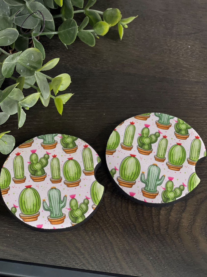 Watercolor Cacti Car Coaster Set featuring vibrant cacti designs on durable neoprene material, perfect for car cup holders.