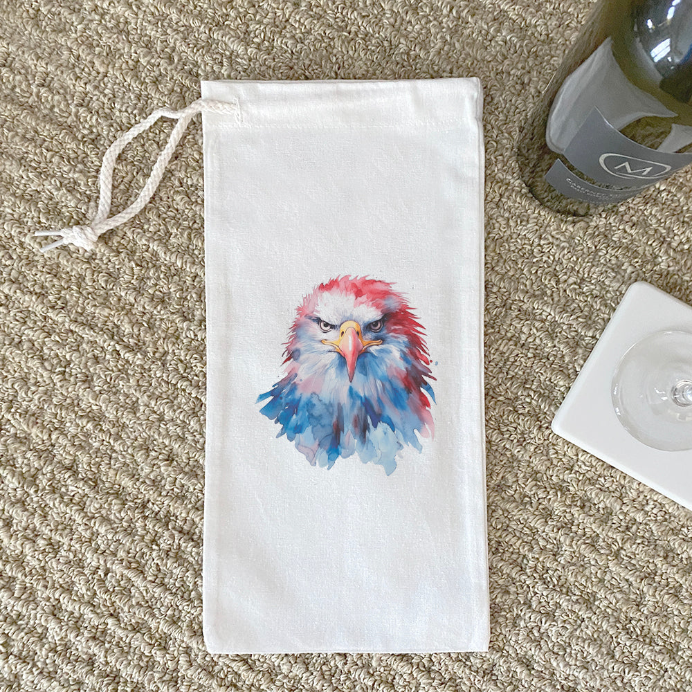 A stylish canvas wine bag featuring a watercolor patriotic eagle design, perfect for holding a standard wine bottle.