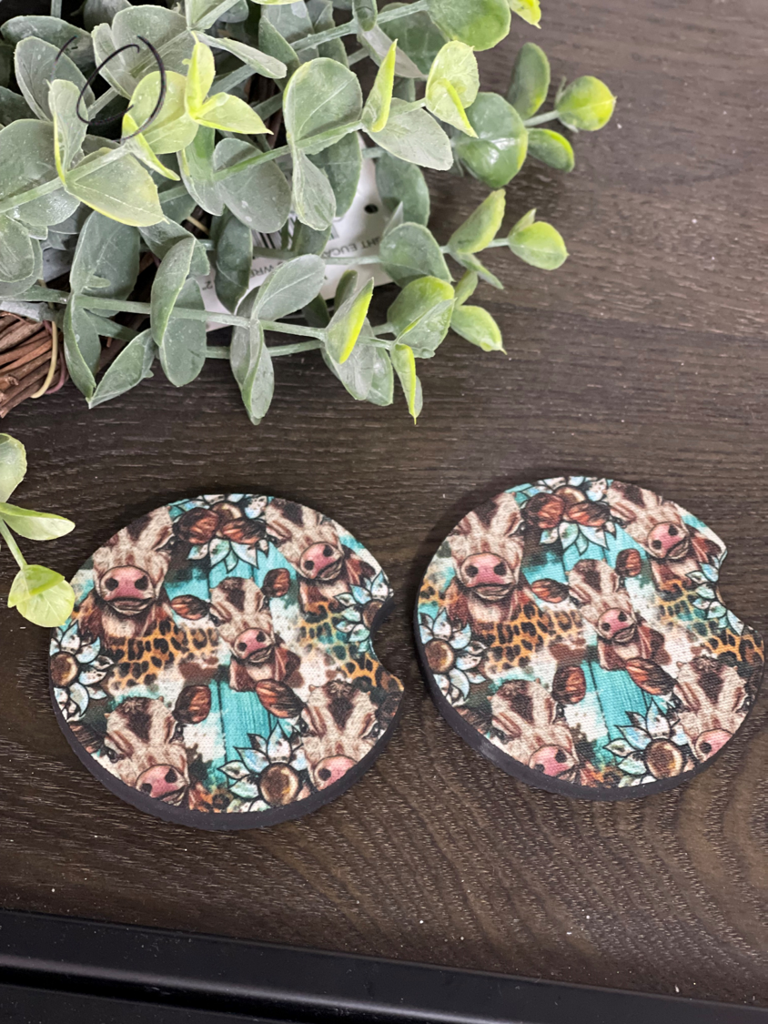 Western Sunflower Calves car coaster set featuring vibrant sunflower design on durable neoprene material.