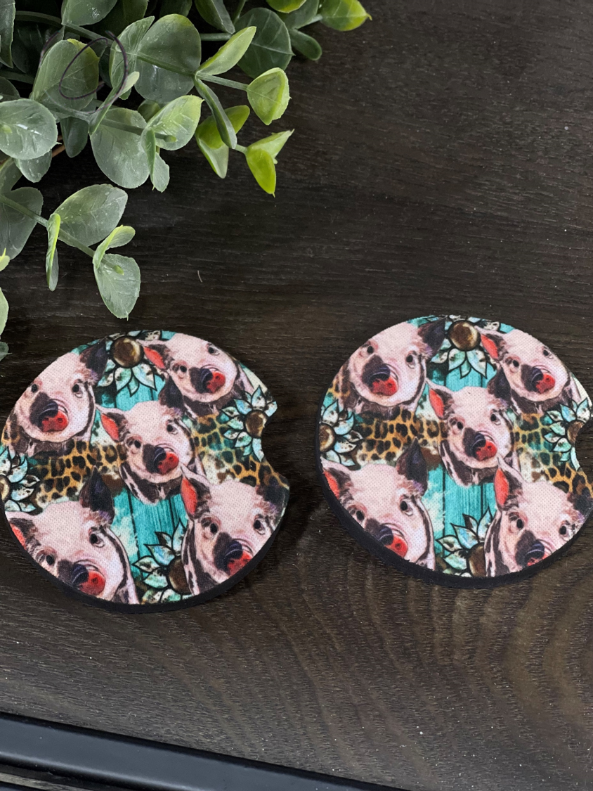 Western Sunflower Piglets car coaster set featuring vibrant sunflower and piglet design, made of durable neoprene material.