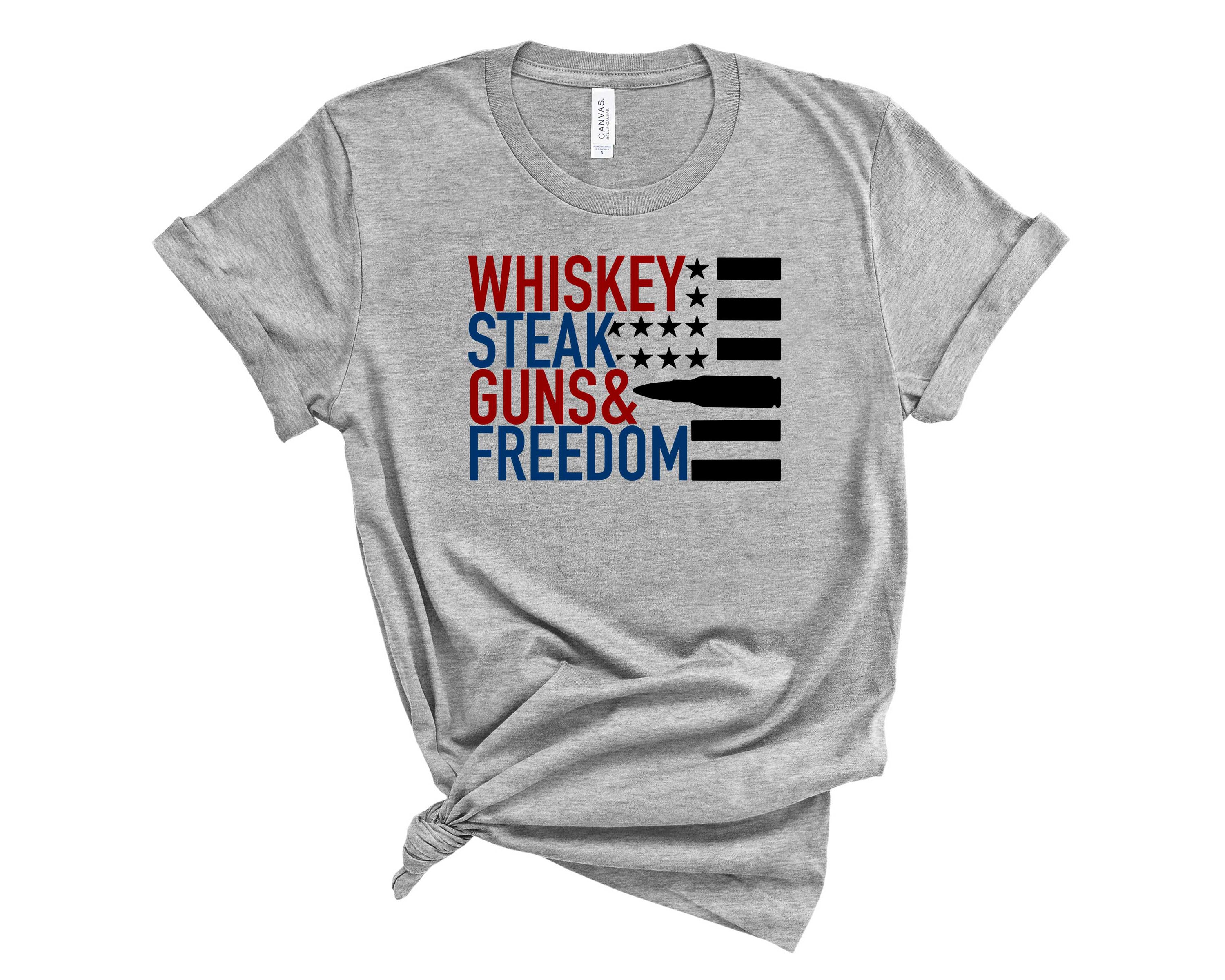 A stylish unisex graphic tee featuring a whiskey and steak design, perfect for casual wear.