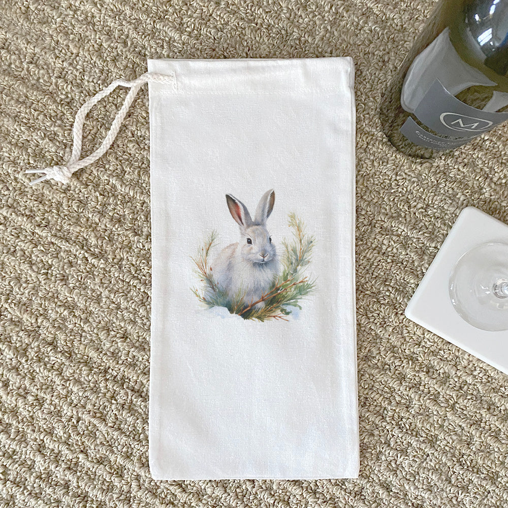 Winter Rabbit Canvas Wine Bag featuring a cute rabbit design, made from 100% cotton canvas, perfect for holding a 750mL wine bottle.