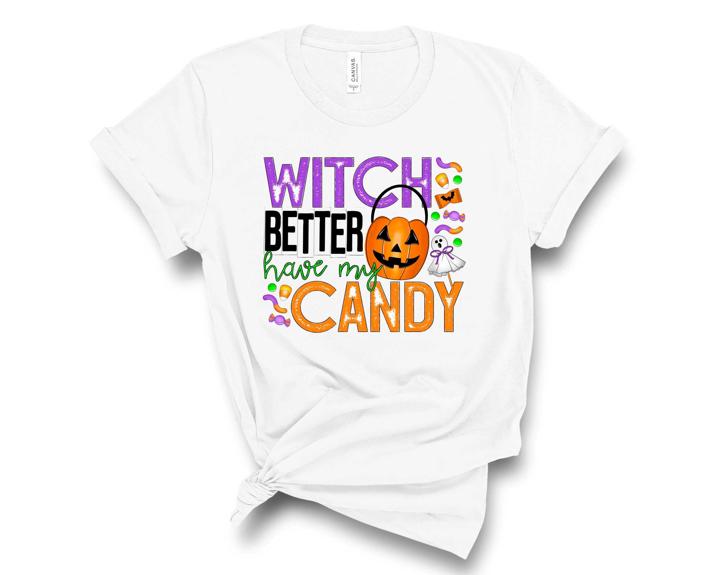 A unisex graphic tee featuring the phrase 'Witch Better Have My Candy' in bold colors, perfect for Halloween.