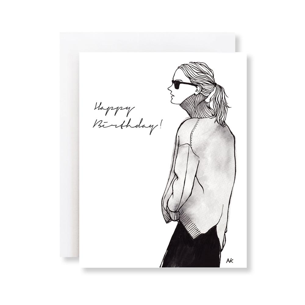 A stylish Woman Fashion Illustration Chic Birthday Card with a crystal metallic envelope, showcasing a modern fashion design.