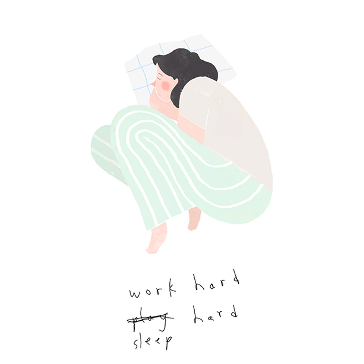 A motivational card featuring the phrase 'Work Hard, Sleep Hard' on recycled paper, displayed with a Kraft envelope.