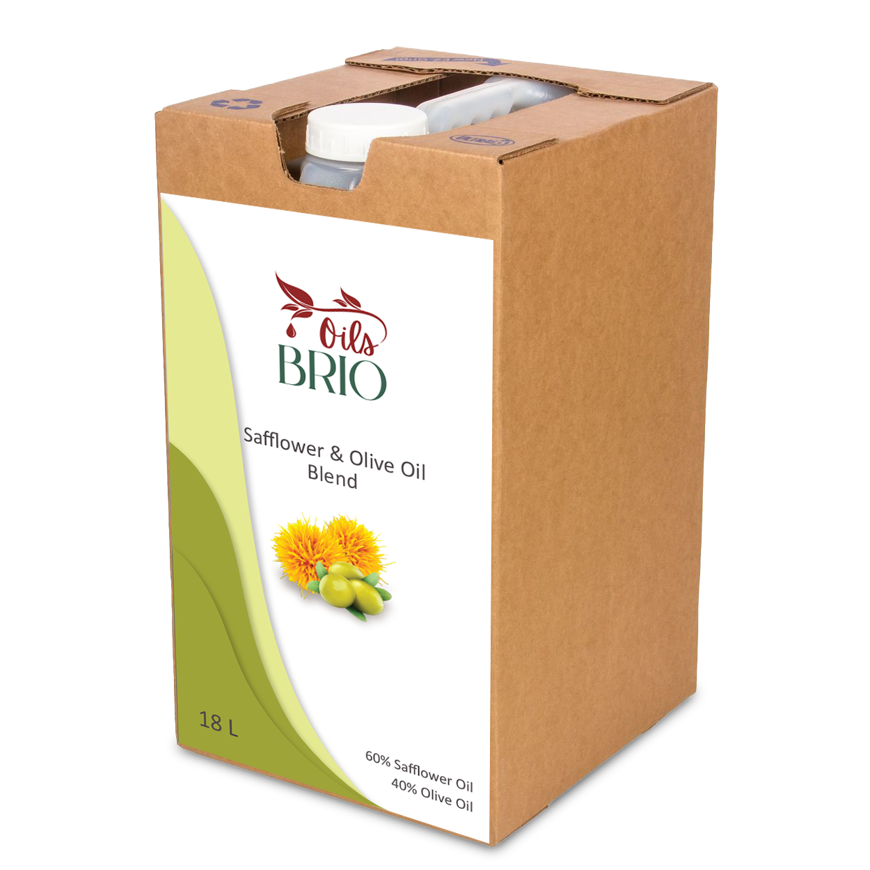 A large 18-liter container of World of BRIO Olive Oil & Safflower Oil Cooking Blend, showcasing its premium quality and organic ingredients.