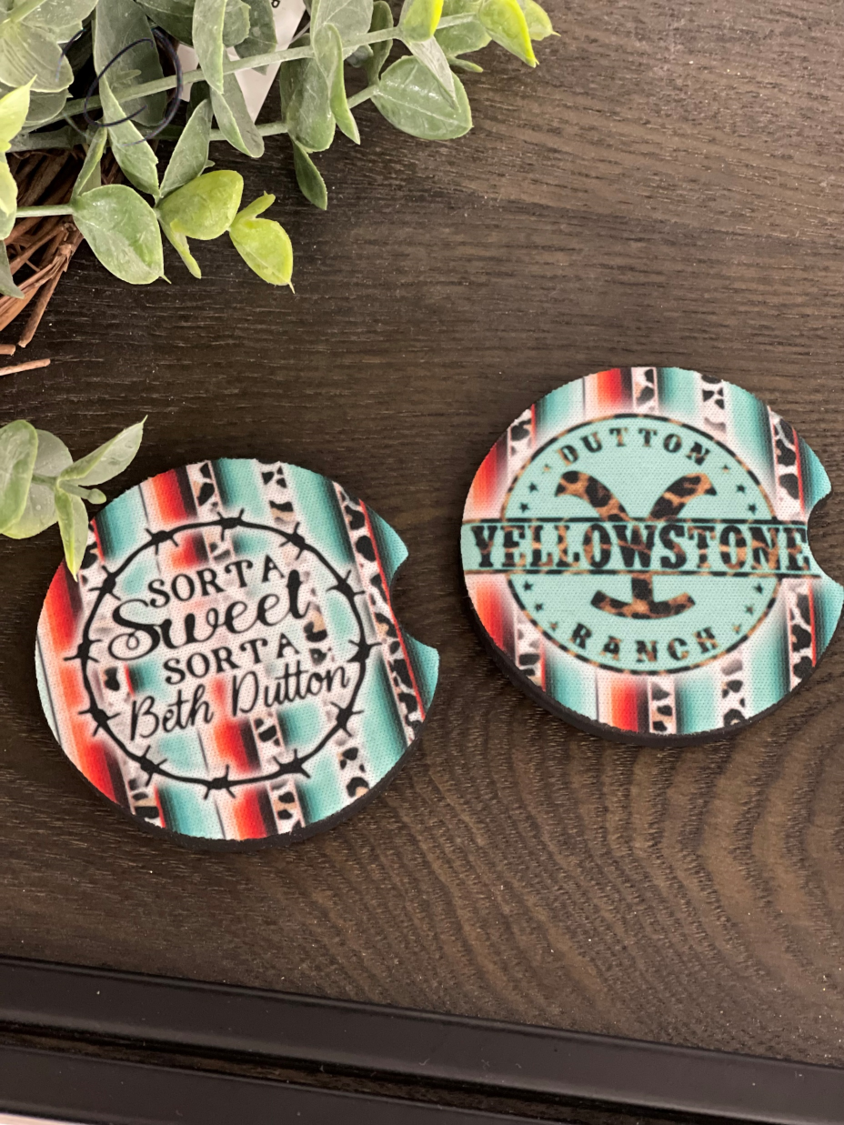Yellowstone Dutton Ranch Neoprene Car Coaster Set featuring a stylish design, perfect for car cup holders.