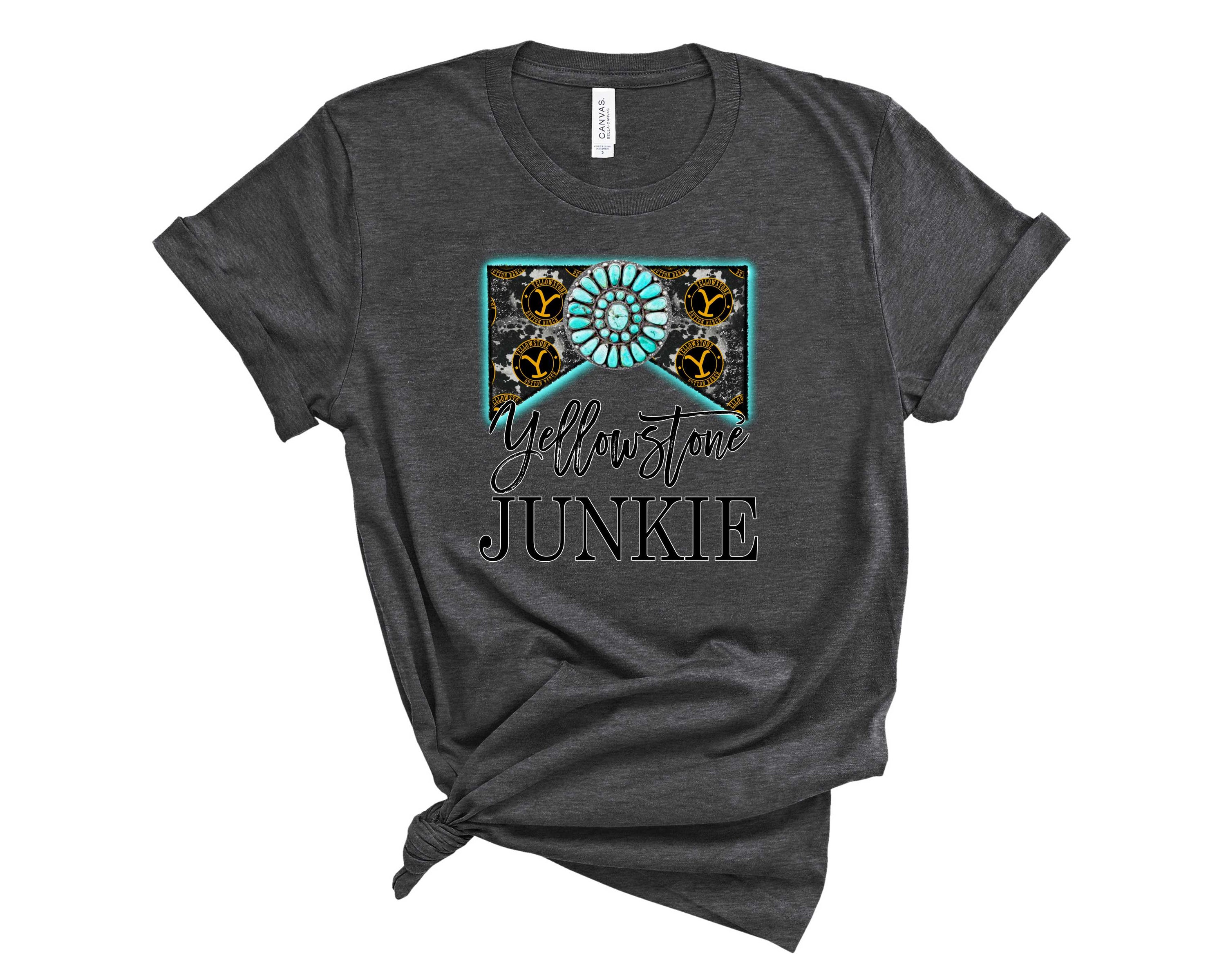 Yellowstone Junkie Graphic Tee featuring a vibrant design, suitable for outdoor enthusiasts, made from soft fabric.