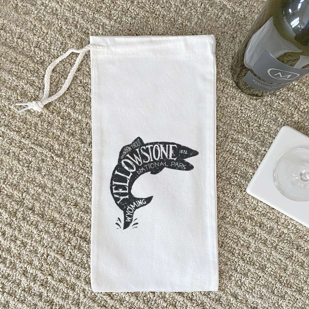 Yellowstone National Park Fish canvas wine bag featuring a vibrant fish design, made from durable cotton canvas with a drawstring closure.
