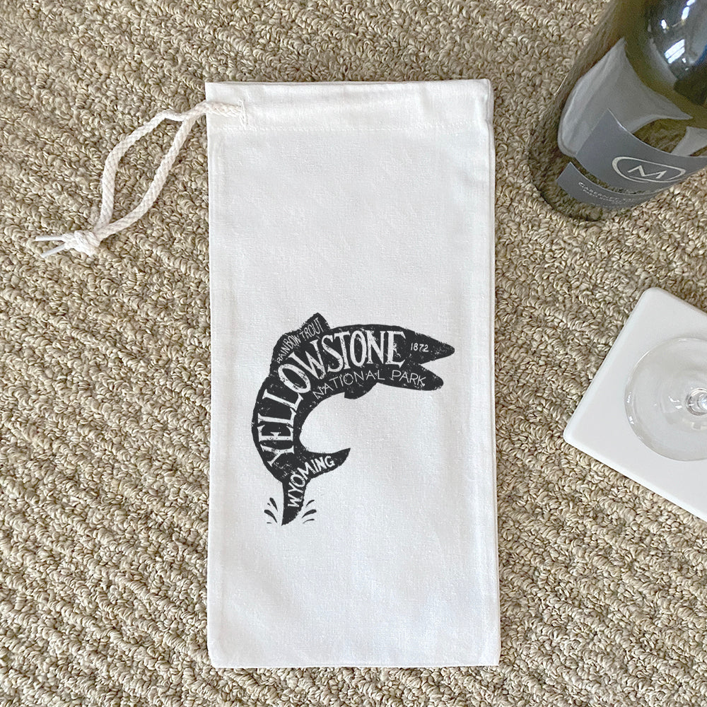 Yellowstone National Park Fish canvas wine bag featuring a vibrant fish design, made from durable cotton canvas with a drawstring closure.