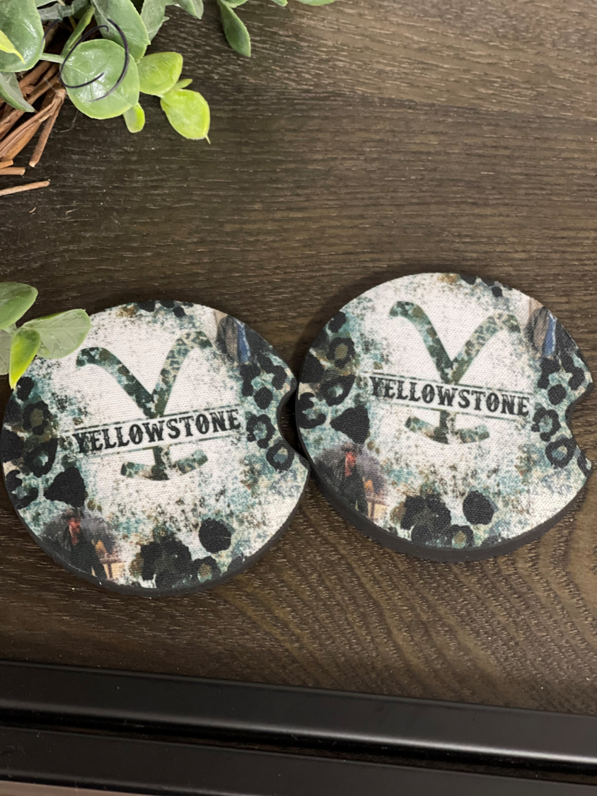 Yellowstone Rustic Leopard Neoprene Car Coaster Set featuring a stylish leopard print design, perfect for car cup holders.