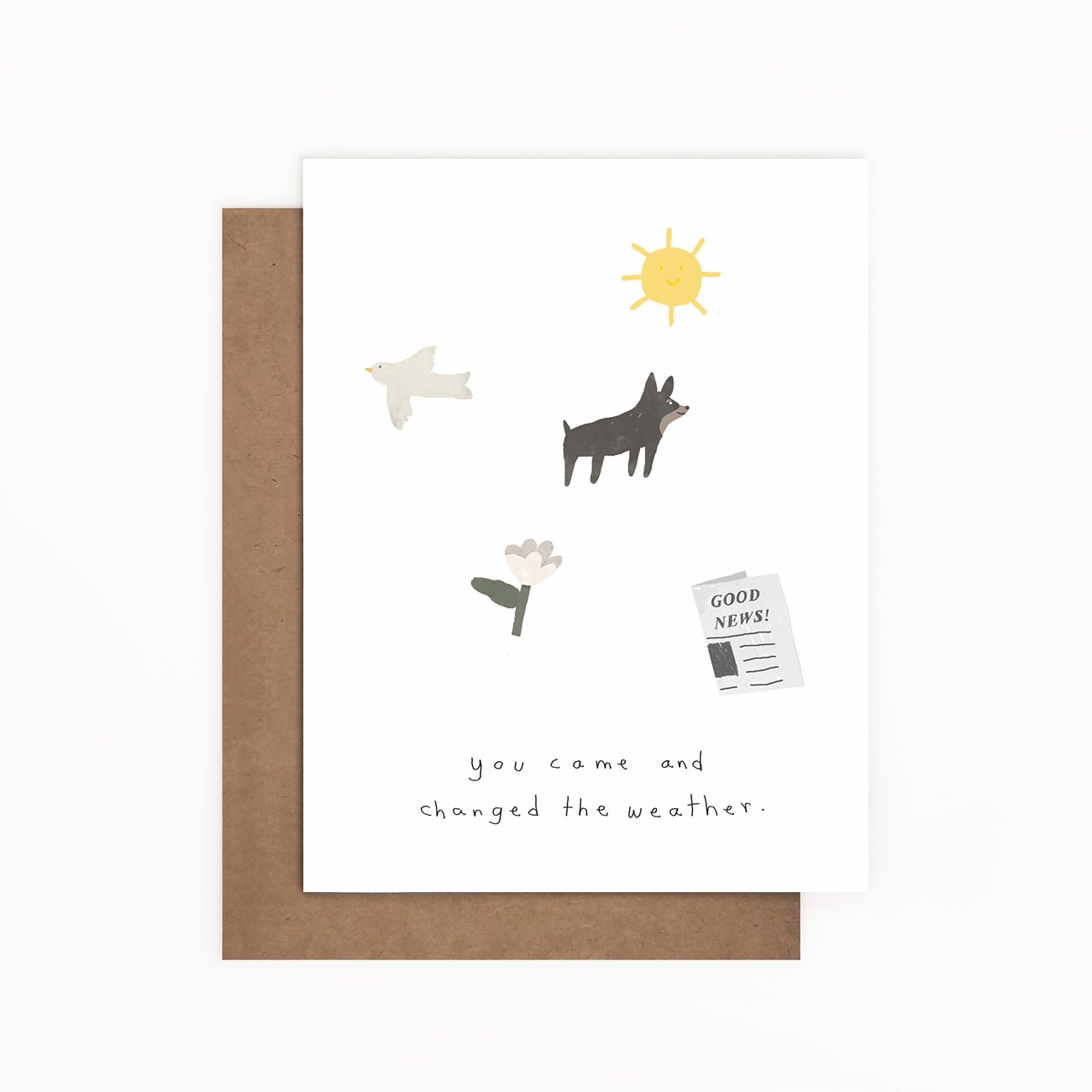 A beautifully designed greeting card titled 'You Came And Changed The Weather', featuring a heartfelt message, eco-friendly packaging, and a Kraft envelope.