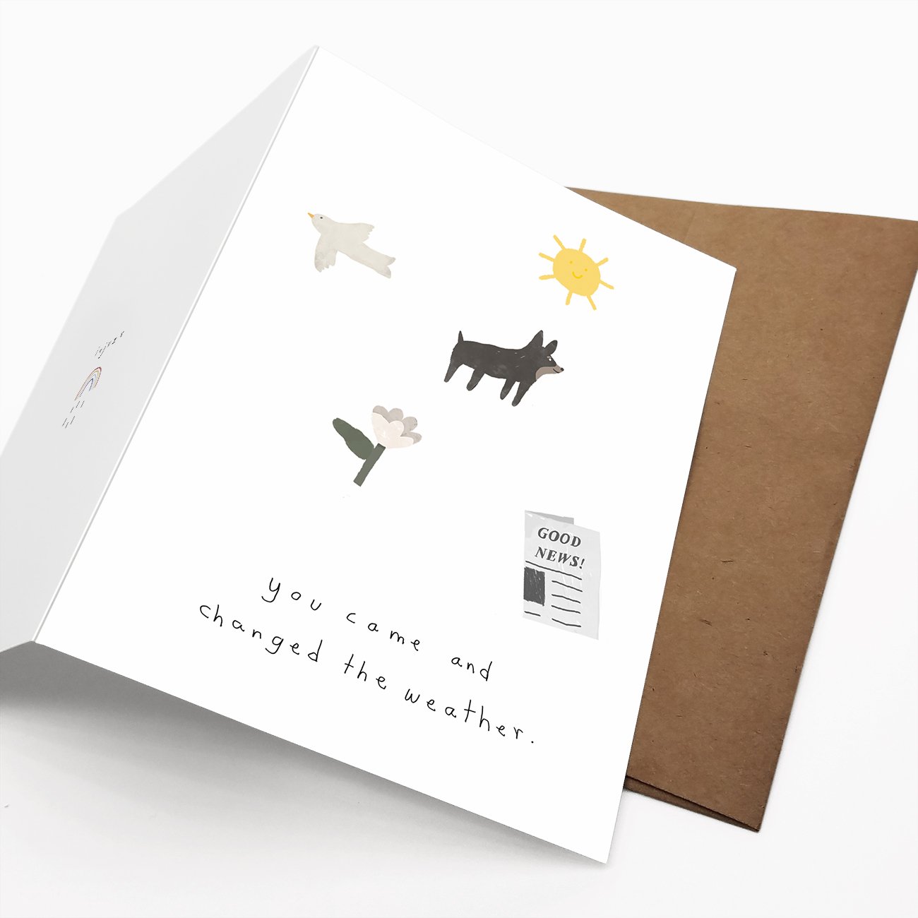 A beautifully designed greeting card titled 'You Came And Changed The Weather', featuring a heartfelt message, eco-friendly packaging, and a Kraft envelope.