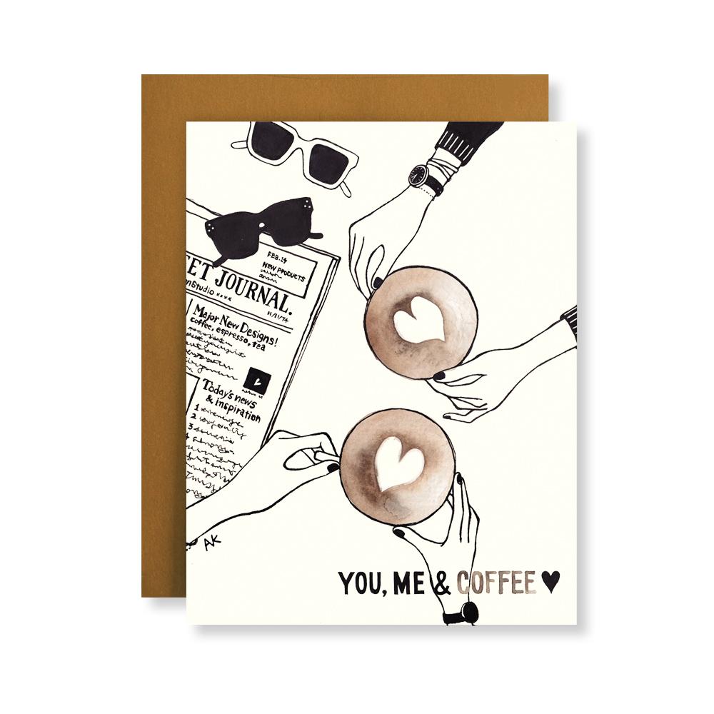 You Me & Coffee Illustration Funny Friendship Card with a bronze metallic envelope, showcasing a humorous design celebrating friendship.