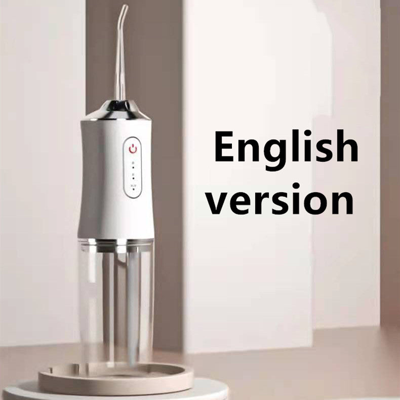 Portable 3 Modes Oral Irrigator in white, pink, and light green colors, showcasing its USB charging feature and compact design.