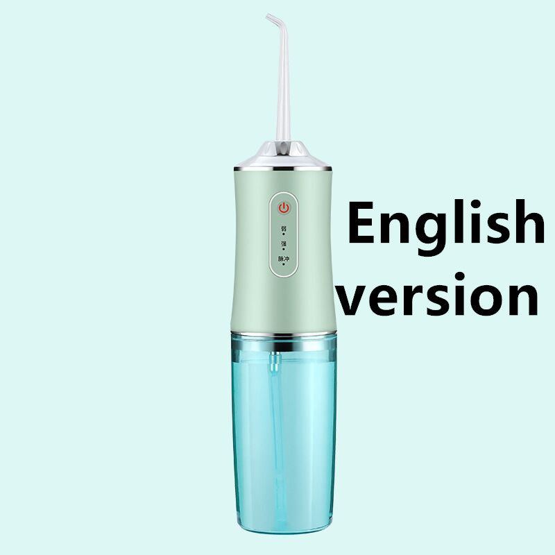 Portable 3 Modes Oral Irrigator in white, pink, and light green colors, showcasing its USB charging feature and compact design.