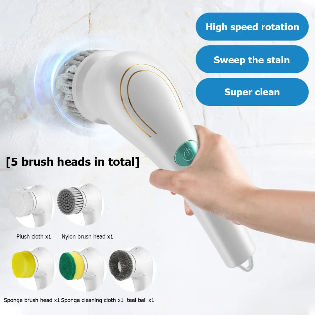 5-in-1 Multifunctional Electric Cleaning Brush with multiple brush heads and USB charging feature, designed for efficient cleaning in bathroom and kitchen.